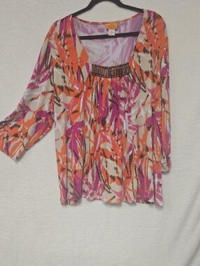 Ruby Rd. Beaded Scoop Neck Tunic Top in Orange, Tan, Black, and Pink